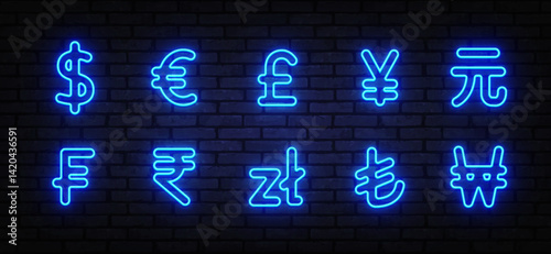 Neon currency symbol set featuring dollar, euro, pound, yen, yuan and other. Vector Illustration.