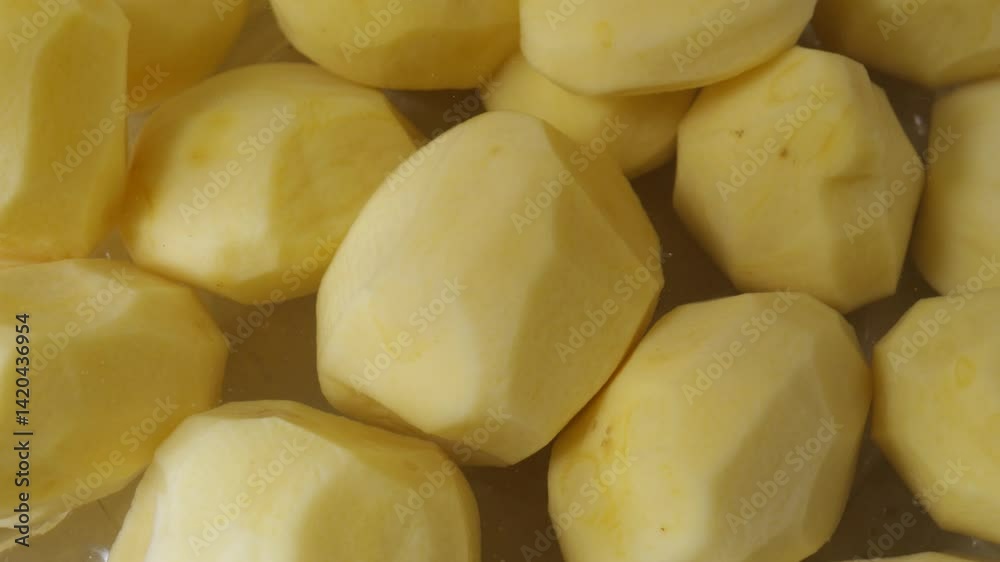 Peeled potatoes rotate slowly in closeup view.