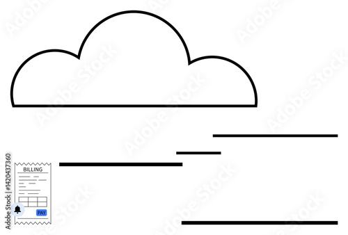 Cloud outline with horizontal lines representing data flow and a receipt depicting digital billing. Ideal for technology, finance, digital payment, cloud services, data management, e-commerce, simple