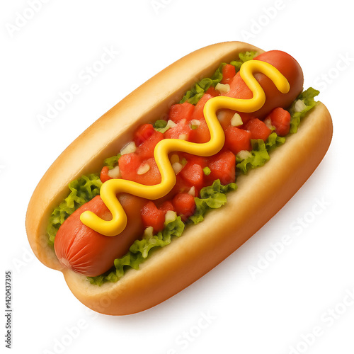 Hot Dog Served With Fresh Toppings Including Lettuce, Tomatoes, and Mustard a...