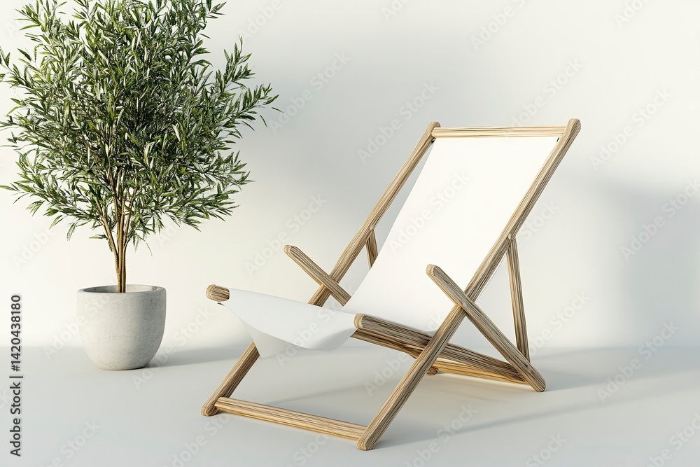 Serene Wooden Deck Chair with Blank Canvas and Olive Tree Serene Wooden Deck Chair with Blank Canvas and Olive Tree