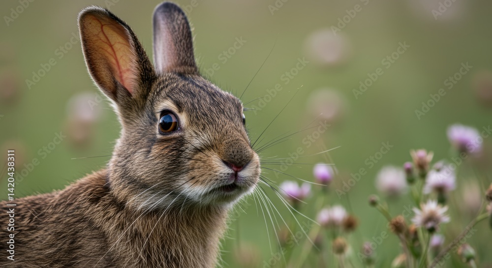 Fototapeta premium Delicate rabbit portrait amidst spring meadow blooms, wildlife photography