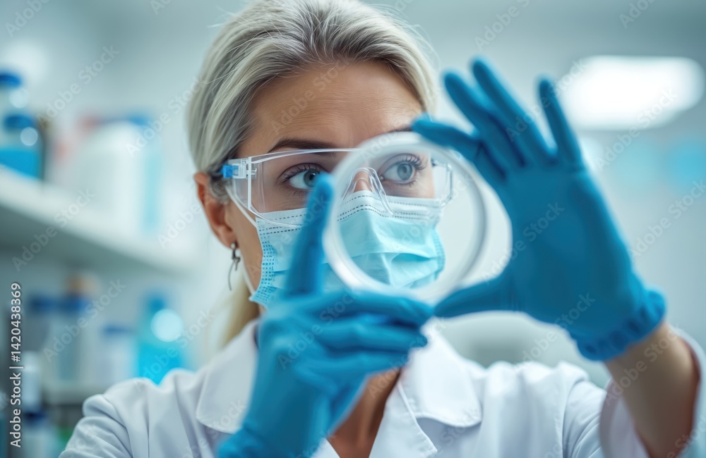 Blonde mature scientist examines petri dish in medical lab. Female professional in protective mask, safety glasses and gloves conducts lab analysis. Modern medical tech research.