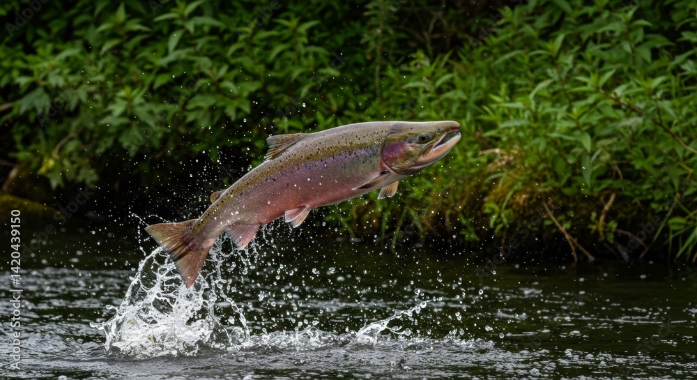 Obraz premium Rainbow trout soaring from tranquil stream, a display of nature's power