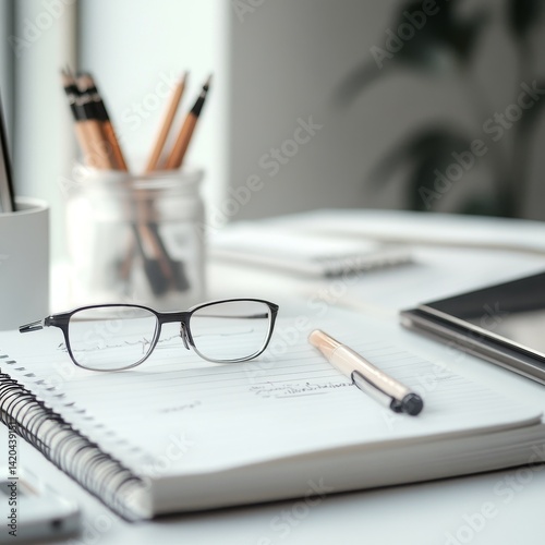 Close up of business workplace with blank notepad, pen and glasses