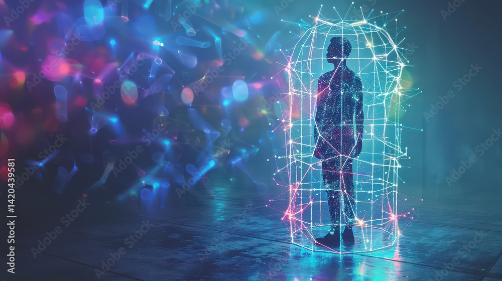 Silhouette of a man in a digital cage with colorful bokeh lights in the background and a blue floor Silhouette of a man in a digital cage with colorful bokeh lights in the background and a blue floor
