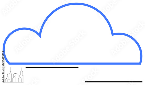 Blue cloud outline above black horizontal lines and a small minimal cityscape. Ideal for technology, connectivity, storage, innovation, networking, urban planning, and digital concepts. Flat simple