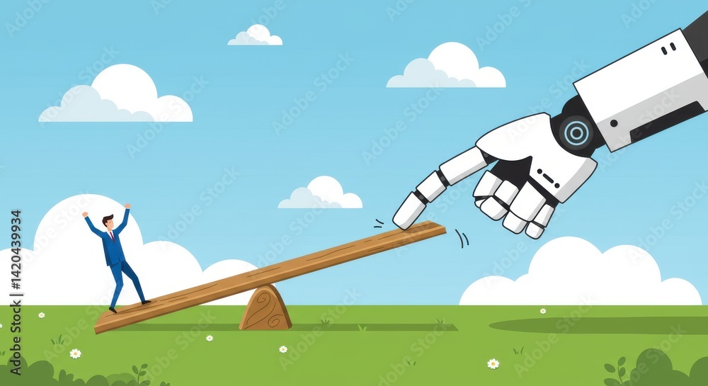 Fototapeta premium A businessman on a seesaw being controlled by a robot hand in a grassy field under a blue sky