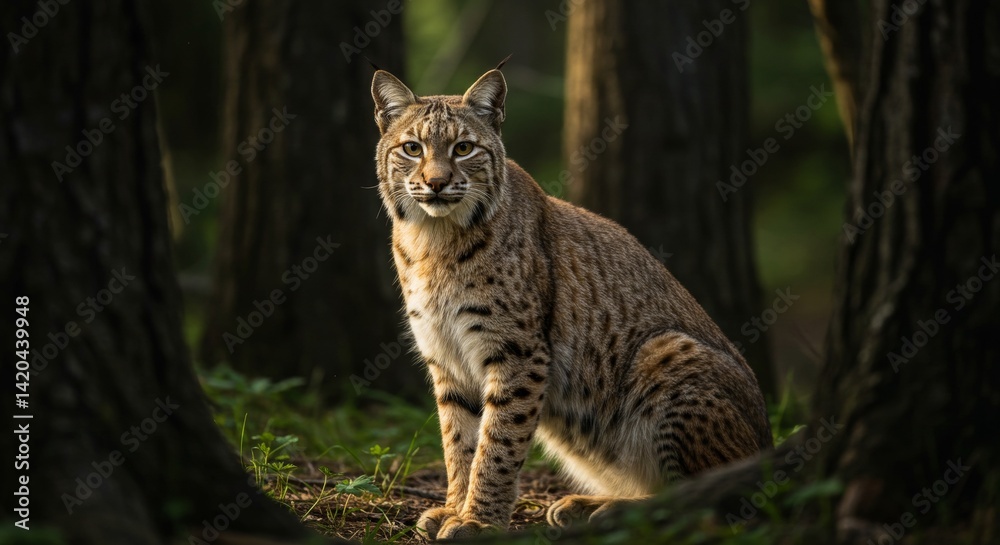 Fototapeta premium Captivating bobcat portrait amidst the trees in the dense woodland habitat