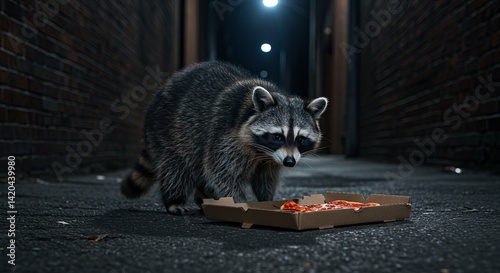 Raccoon finds unexpected pizza feast in a dark city alleyway at night