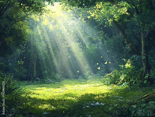 Lush green forest with sun rays streaming through