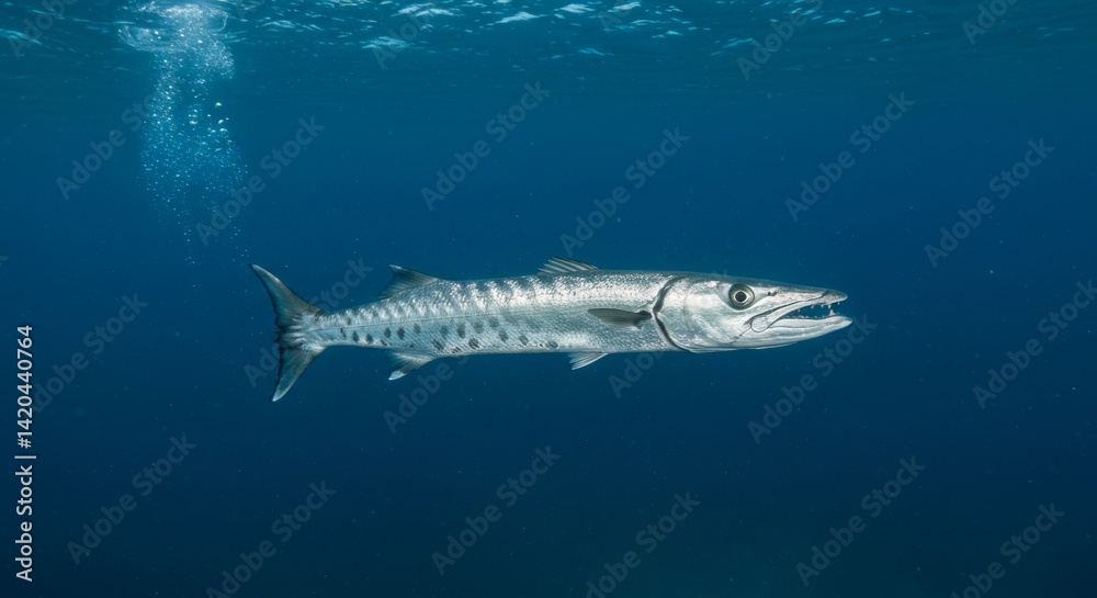 Fototapeta premium Majestic barracuda portrait glistening in the deep blue oceanic habitat