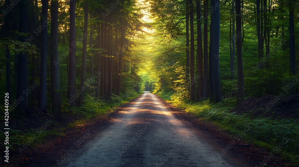 Obraz premium Quiet forest path surrounded by tall trees and sunlight