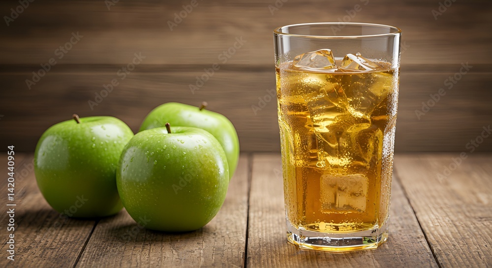 Refreshing Cold Apple Beverage with Ice Cubes and Whole Fruits on a Wooden Table