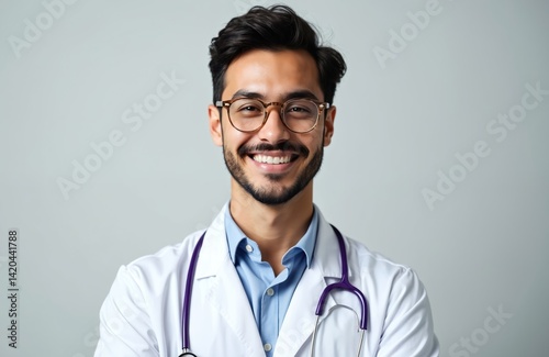Smiling young male doctor headshot. Wearing white coat eyeglasses, stethoscope. Portrait confident medical worker, healthcare pro. Healthcare, medicine, clinic, hospital concept.