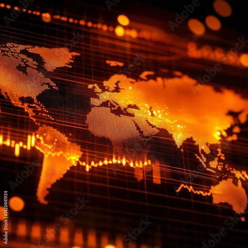 Business background with world map and glowing lights, toned image.