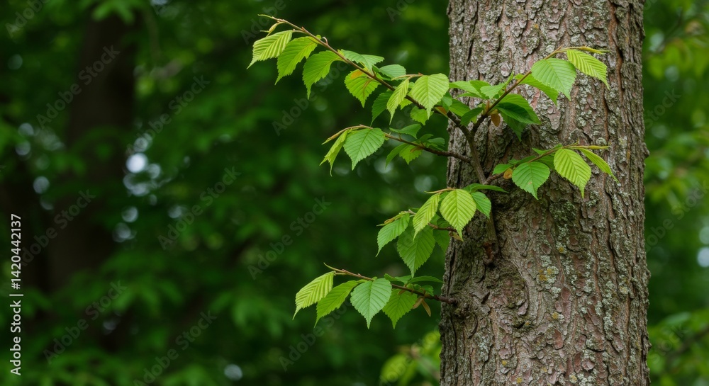 Obraz premium Intricate bark texture with fresh sprouts and vivid green leaves