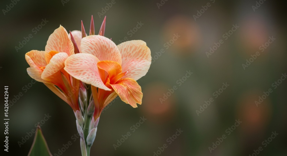 Fototapeta premium Elegant Canna Lily Blossom with Soft Peach and Orange Petals on Blurry Background