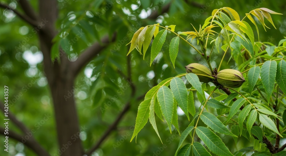 Obraz premium Close-Up of Pecan Tree Branch with Maturing Nuts in Summer Sunlight