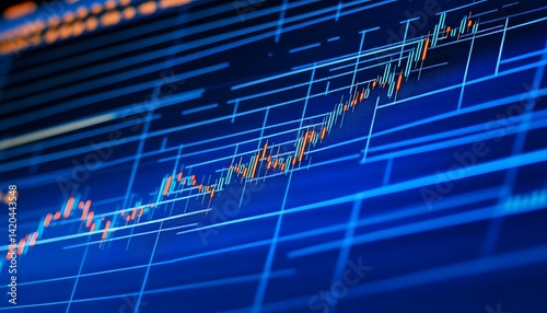 Macro close-up of a stock market investment trading chart displayed in blue, analyzing data with candlestick graphs