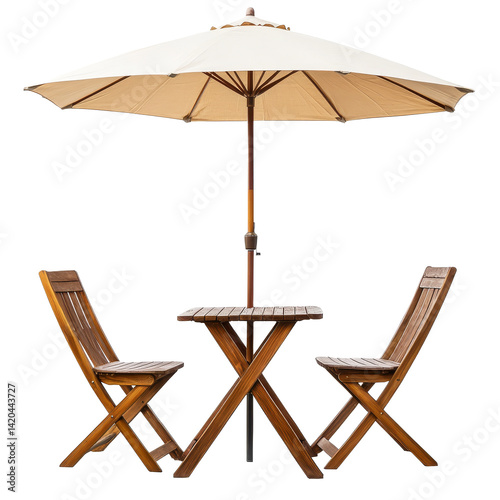 Wooden table and chairs underneath a large parasol umbrella, perfect for outdoor dining and relaxation, Table with Chair and Parasol Umbrella Isolated on transparent background