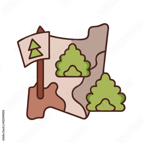 This image represents a forest conservation area marked on a map. The flag with a tree symbol and green forest patches highlight environmental protection or reforestation efforts.