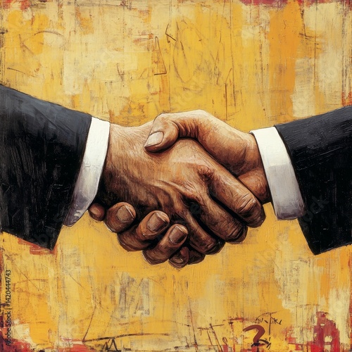 Business handshake on grunge background. Collage. Toned.