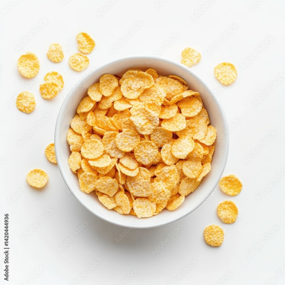 Fototapeta premium A top down view of a white bowl filled with corn flakes and some scattered around on a white surface