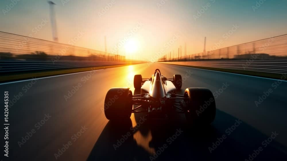 Formula 1 racing car speeding on track at sunset, dynamic tracking shot. 4K