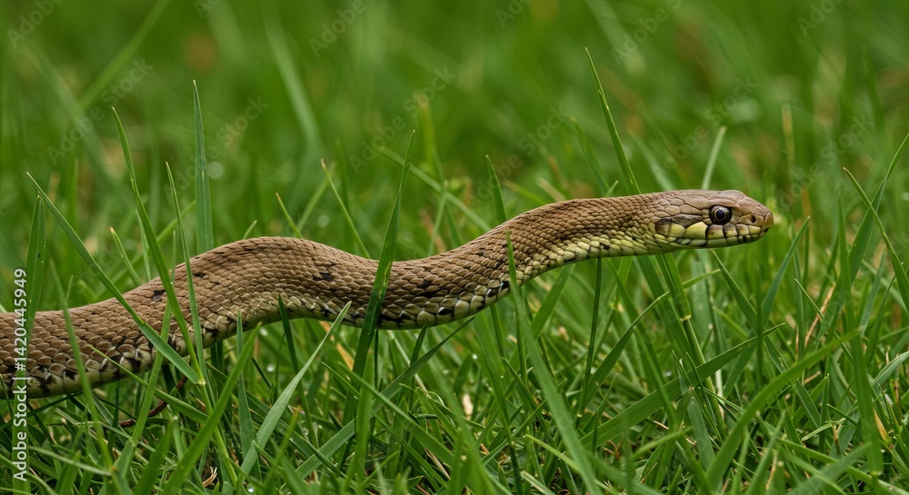 Fototapeta premium Serpentine Predator: A Snake Lies in Wait within Lush Green Grass