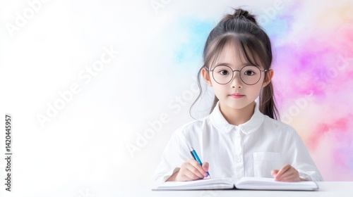 A young student with glasses writing in a notebook, sitting at a desk against a colorful pastel background, and focused and studious expression.