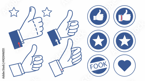 Set of 40 positive feedback icons featuring hand signs, thumbs up, like buttons, and approval gestures, in a clean and modern blue/white vector style."