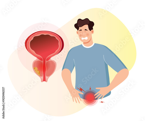 Person with Inflamed Prostate Gland having difficulty - Stock Illustration