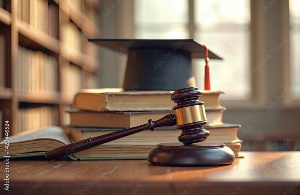 Concept of legal education, justice. Judge gavel, mortarboard on books at university library. Symbols of jurisprudence, learning, degree, law school graduation. Judicial system concept.
