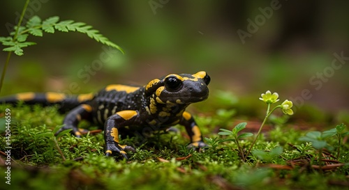 Vibrant Fire Salamander Resting on Verdant Moss amidst Forest Flora Scene