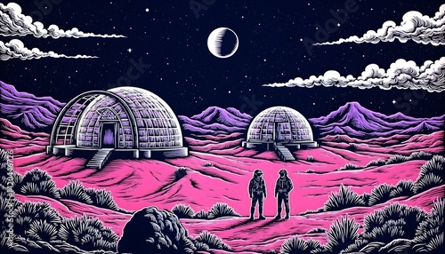 Astronaut walking across the Martian surface beside a high-tech dome habitat under a glowing sunset


