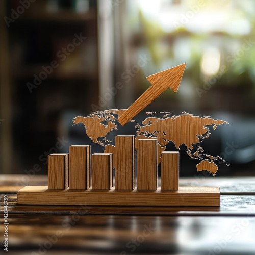 Business growth graph with arrow up and world map on wooden table.