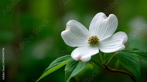 Close-up of white dogwood flower with green leaves, showcasing delicate petals and textured surface, symbolizing purity, nature, and spring freshness