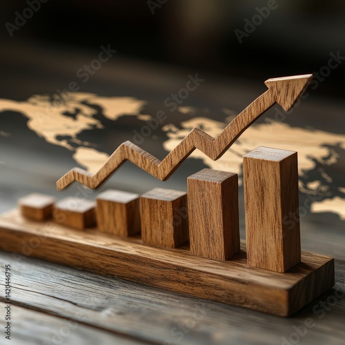 Business graph on wooden table with world map background, business growth concept