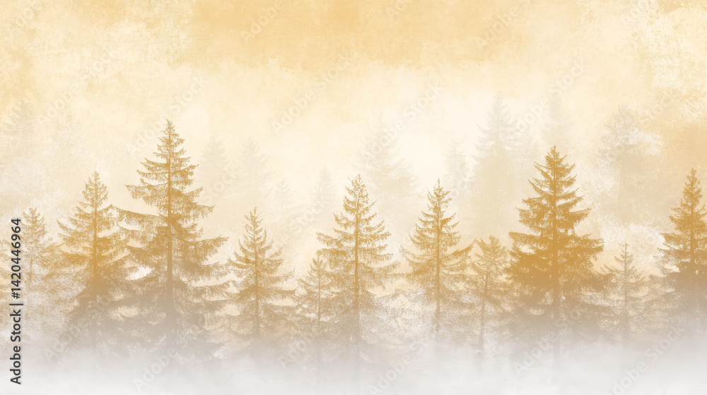 Snow-covered pine forest under a soft golden light Snow-covered pine forest under a soft golden light