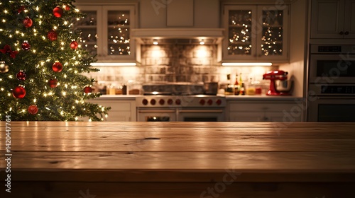 Festive kitchen backdrop with empty wooden table in foreground, Christmas tree and twinkling lights creating a warm, cozy atmosphere for holiday cooking and gatherings
