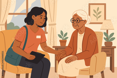 Social worker visiting an elderly woman, care