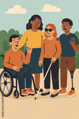 A group of people with different abilities, inclusive society, friendly atmosphere