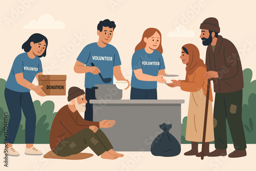 Volunteers helping the homeless, charity and community support