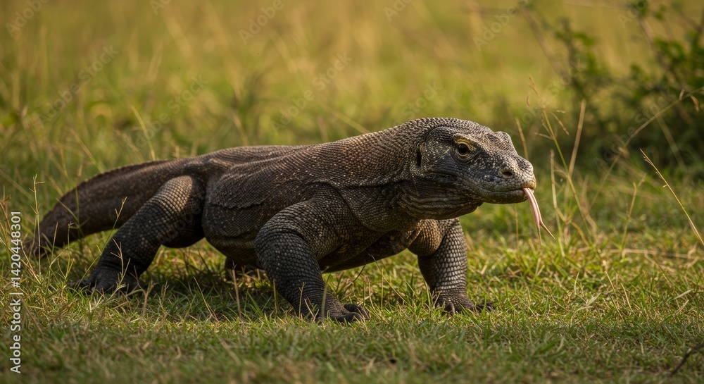 Fototapeta premium Captivating Komodo Dragon Strolling Through a Verdant Grassy Landscape