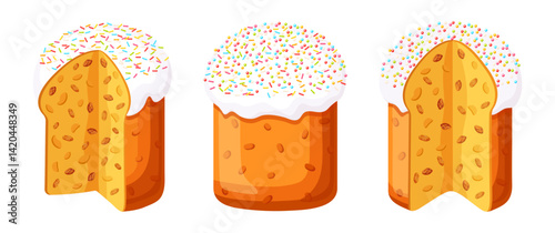 Set of festive Easter cakes in cartoon style.Vector illustration of Easter cakes whole and cut with sweet raisins,decorated with white icing,sprinkles of different colors isolated on white background.