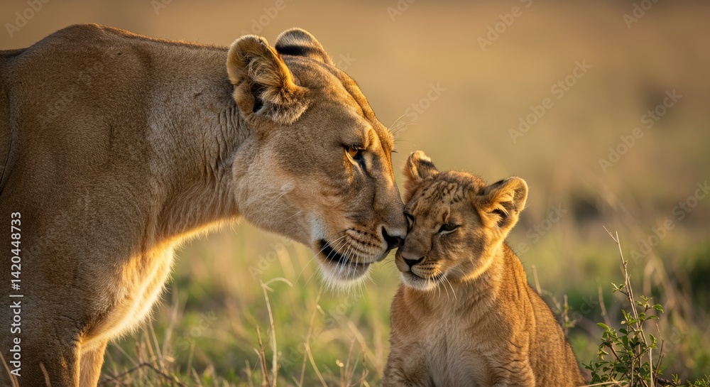 Obraz premium Affectionate lioness and cub touching noses bathed in golden savanna light