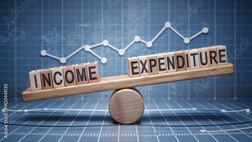 Income and Expenditure: Visualizing the balance of income and expenditure with wooden blocks, representing the core financial concept in business context, along with an upward-trending graph.