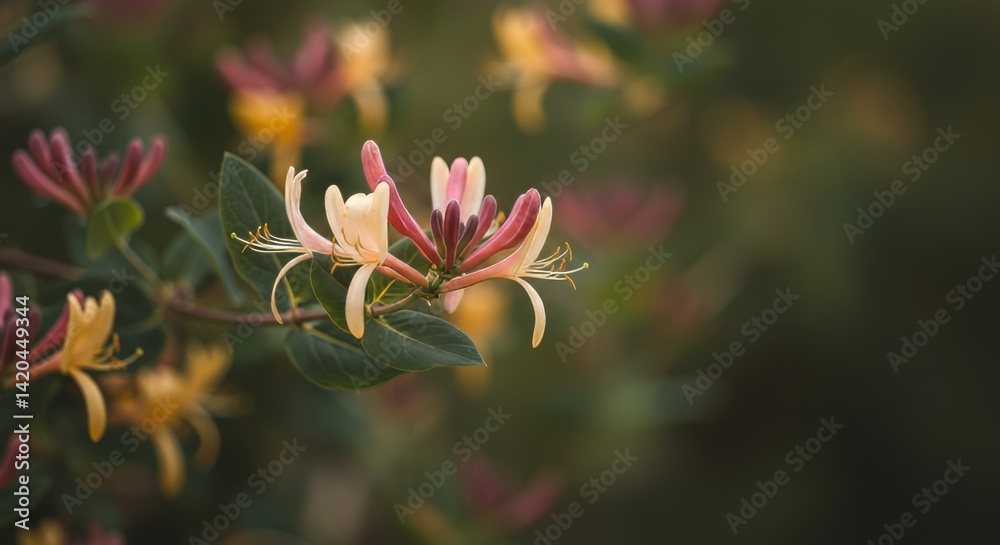 Fototapeta premium Close-up of Honeysuckle Flowers in Soft Light with a Dark Green Background
