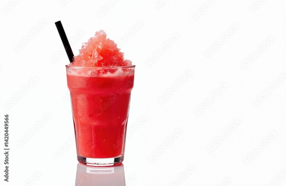 Red slush drink in glass with straw. Iced summer refreshment, shaved ice, cold fruit dessert. Cocktail, sorbet, granita with natural juice. Refreshing drink menu template, copy space, white